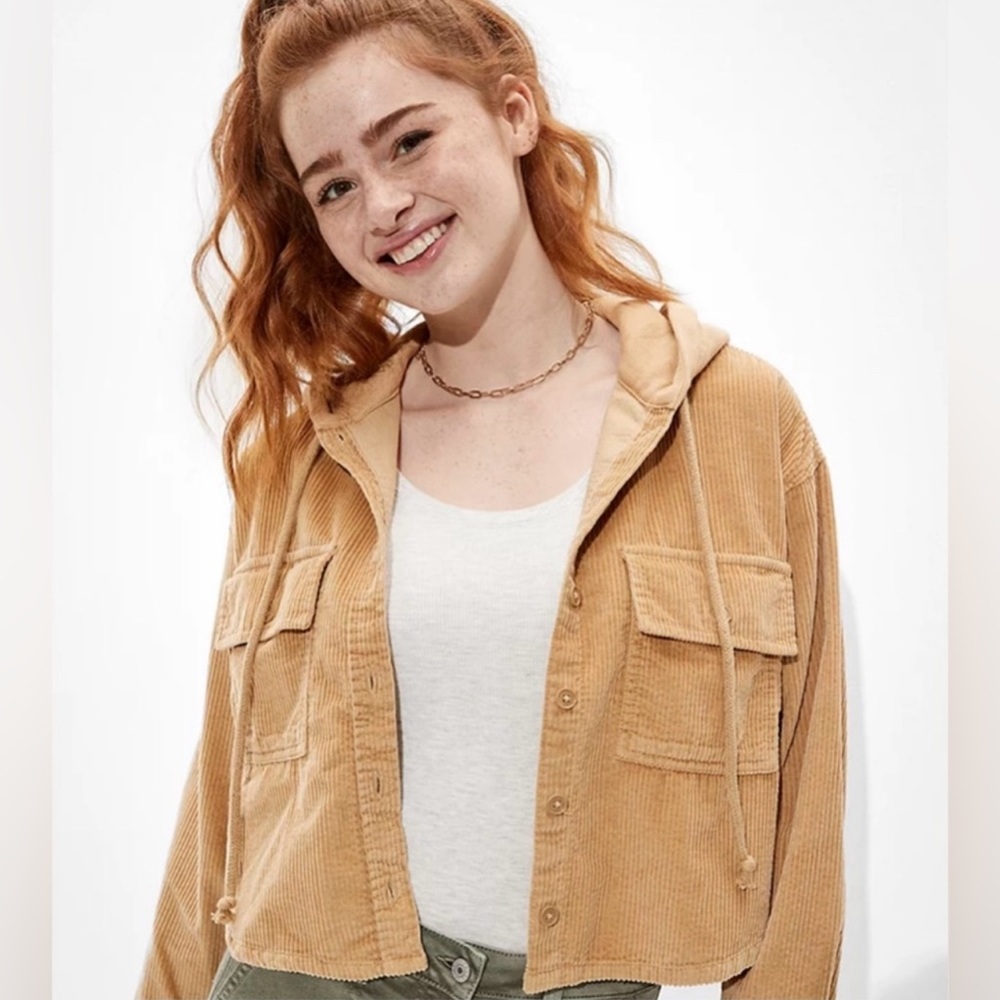 American Eagle Cropped Corduroy Button-Up Hooded Jacket